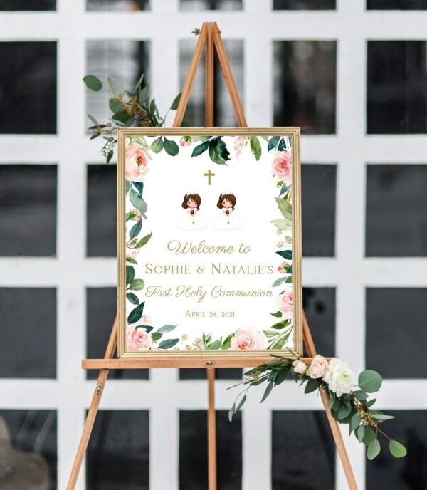 First Communion invitation siblings, communion twins, first communion girls, printable invitation, floral greenery invitation, sisters - Image 8