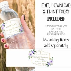Water Bottle Label Communion, Girl Communion, Lilac Floral Watercolor, Baptism water bottle label, Editable, Printable label, FC06