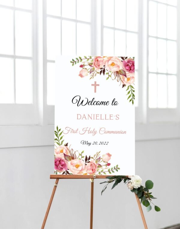 Girl First Holy Communion Invitation, Communion Invitation Card, Printable Invitation, Watercolor, Editable template, Floral Rose Gold, FC08 - Image 4