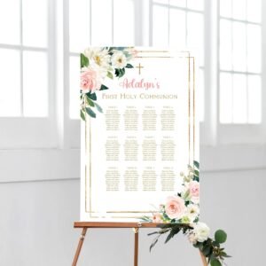 Holy Communion seating chart, girl first communion, editable seating chart, printable seating plan, Floral greenery, blush and gold