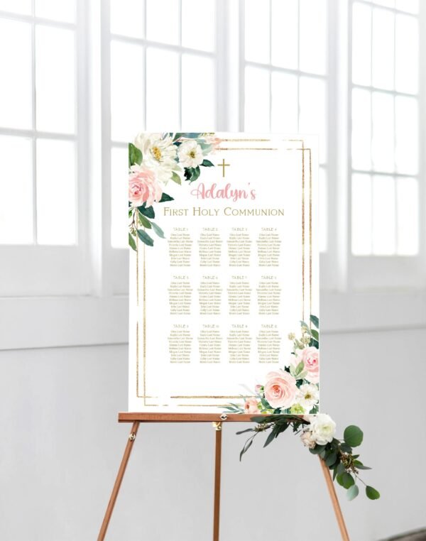 Holy Communion seating chart, girl first communion, editable seating chart, printable seating plan, Floral greenery, blush and gold