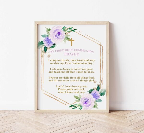 Purple First Communion Welcome Sign, 1st Communion Poster, Communion Decoration, Printable Sign, Floral Lilac and Gold, Custom sign, FC06 - Image 5