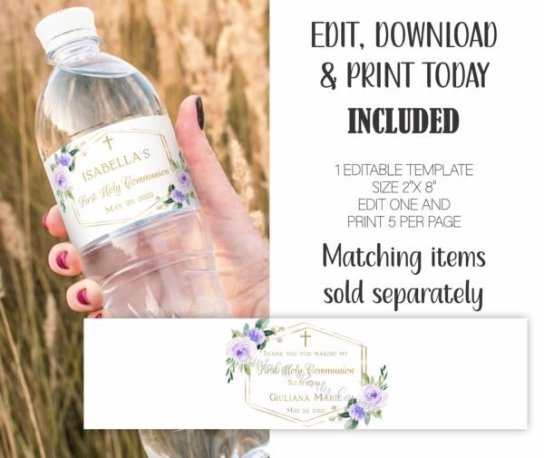 Purple First Communion Welcome Sign, 1st Communion Poster, Communion Decoration, Printable Sign, Floral Lilac and Gold, Custom sign, FC06 - Image 6