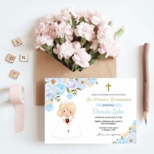 First Holy Communion invitation girl, printable invitation, Communion Invitation card, floral watercolor, Blue and gold, FC01