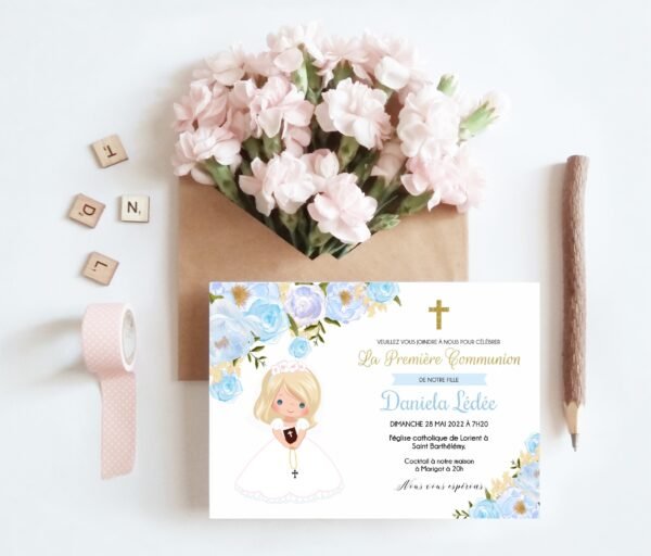 First Holy Communion invitation girl, printable invitation, Communion Invitation card, floral watercolor, Blue and gold, FC01