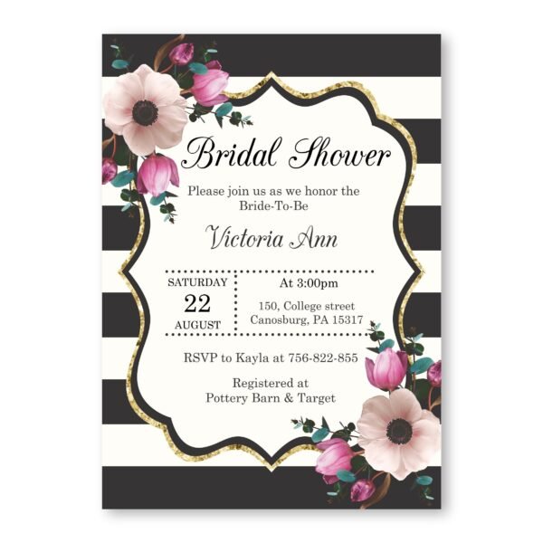 Bridal Shower Invitation, Black and White, Bridal Tea, Party Elegant Invitation, Tulips, Custom, Gold, Printable