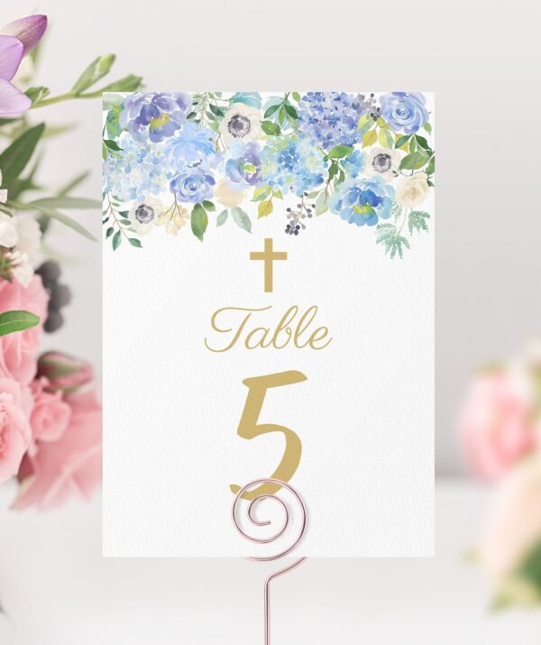 Place cards Girl First Communion, Printable place cards, Editable Template, Baptism seating cards, Communion decoration, floral blue - Image 4