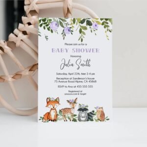 Woodland Baby Shower Invitation Girl, Forest Baby Shower Invitation, Printable Invitation, Lilac Invitation, woodland Animals