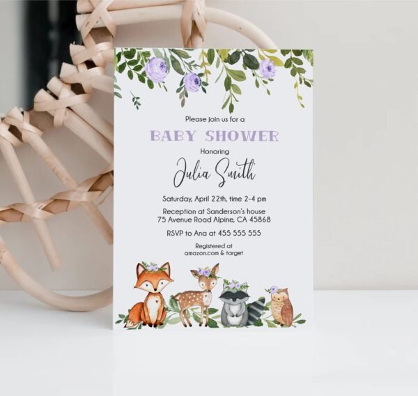 Woodland Baby Shower Invitation Girl, Forest Baby Shower Invitation, Printable Invitation, Lilac Invitation, woodland Animals