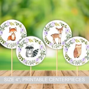 Woodland baby shower centerpieces Girl, Baby Shower Printable Centerpieces, Baby Shower Decoration, Lilac decorarions, Woodland Animals