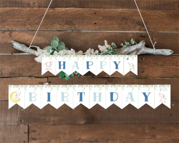 Happy Birthday elephant Banner, Elephant Banner, 1st Birthday Banner, Printable banner, Birthday Decoration, Neutral gender Instant download