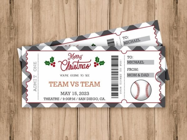 BASEBALL Game Christmas Gift Ticket, Surprise Game Gift Ticket, Christmas Gift, Surprise Gift Voucher, Editable Template, Instant download