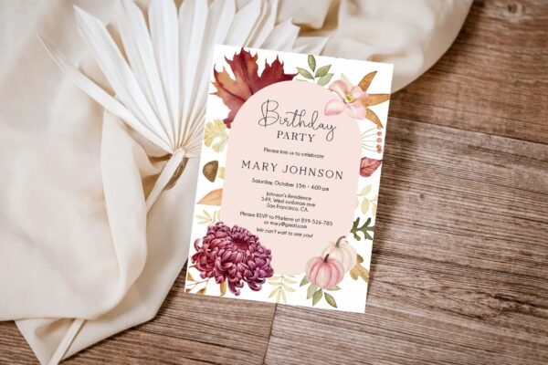 Autumn Floral Birthday Party Invitation, Fall Woman's Birthday Invite, Fall Invitation Template, Fall leaves, Pumpkin, Floral watercolor 01 - Image 3