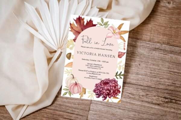 Fall in Love Bridal Shower Invitation, Autumn Bridal Shower Invitation template, Floral pink, Boho, Pumpkins and Leaves, Floral watercolor - Image 3