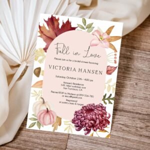 Fall in Love Bridal Shower Invitation, Autumn Bridal Shower Invitation template, Floral pink, Boho, Pumpkins and Leaves, Floral watercolor