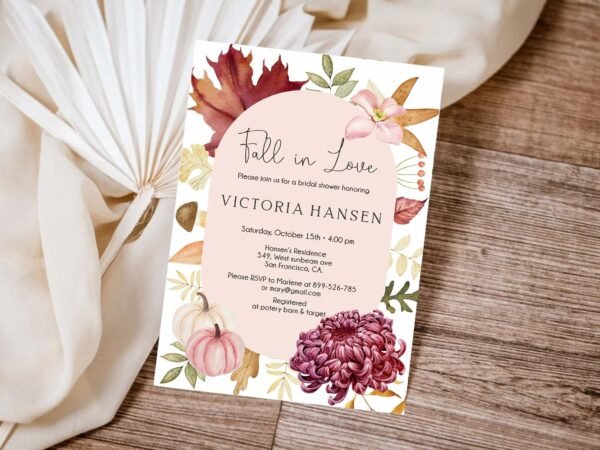 Fall in Love Bridal Shower Invitation, Autumn Bridal Shower Invitation template, Floral pink, Boho, Pumpkins and Leaves, Floral watercolor