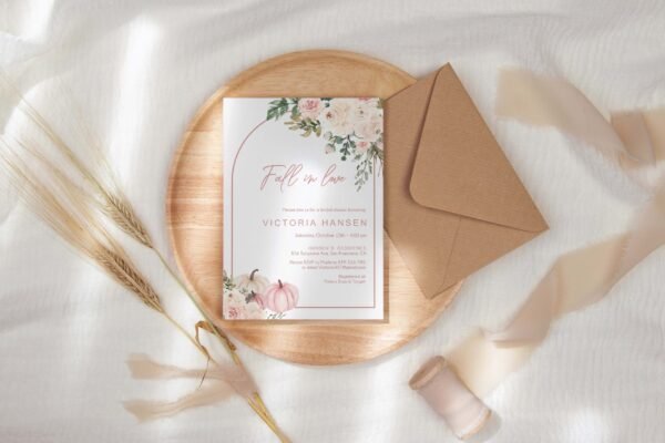Fall in Love Bridal Shower Invitation, Autumn Bridal Shower Invitation, Editable Template, Floral pink, Boho, Pumpkins, BSFALLPINK01 - Image 3