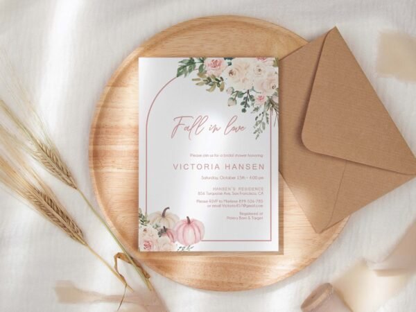 Fall in Love Bridal Shower Invitation, Autumn Bridal Shower Invitation, Editable Template, Floral pink, Boho, Pumpkins, BSFALLPINK01