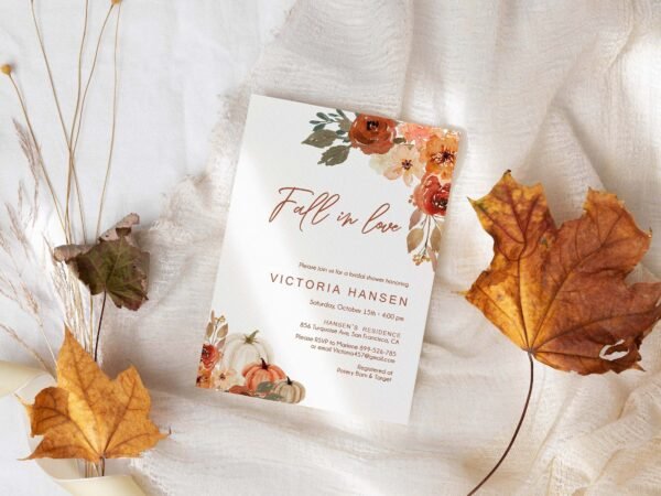 Fall In Love Bridal Shower Invitation, Autumn Bridal Shower Invitation, Fall Floral Bridal shower, Boho Pumpkins, Editable, BRIFALL02