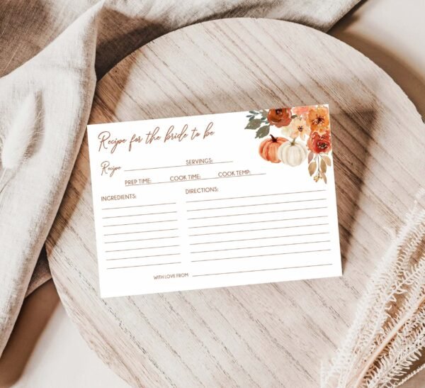 Fall Bridal Shower Recipe Card, Pumpkin Bridal Shower Recipe, Printable Recipe Card, Recipe for the bride to be, Terracotta Instant download
