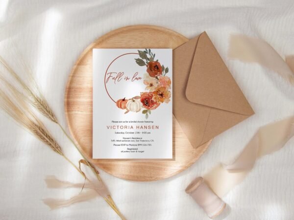Fall Bridal Shower Invitation, Fall in love, Autumn Bridal Shower Invitation, Fall Floral Bridal shower, Boho Pumpkins, Editable, BRIFALL03
