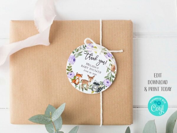 Woodland baby shower favor tags, Girl Baby Shower tags, Woodland Animals baby shower, Gift tags printable, editable template, Lavender tags
