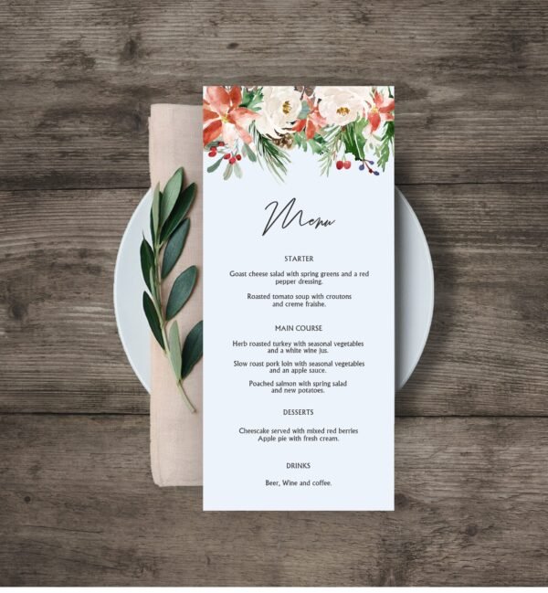 Christmas Menu, Printable Christmas Menu, Christmas Dinner Menu Card, Christmas Flowers Poinsettia, Editable Template, CHR01