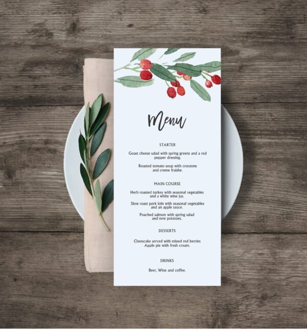 Printable Christmas Menu, Holiday Menu Card, Holly Jolly Christmas, Christmas Dinner Menu, Christmas Menu Planner, Editable Template, CHR06