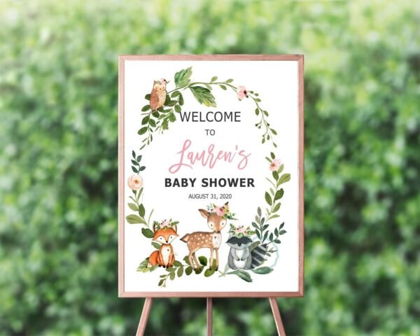 Woodland Baby Shower Welcome Sign, girl baby shower, baby shower sign, woodland baby shower decoration, printable sign, woodland animals - Image 2
