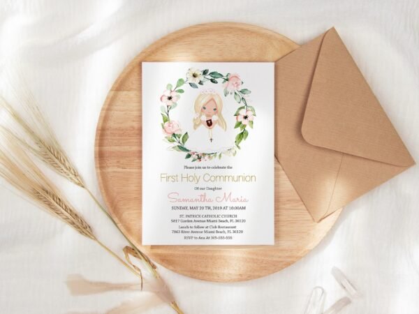 First Holy Communion Card, Girl First Holy Communion invitation, Printable Invitation, Editable Template, Wreath Floral Rose Watercolor FC13 - Image 2