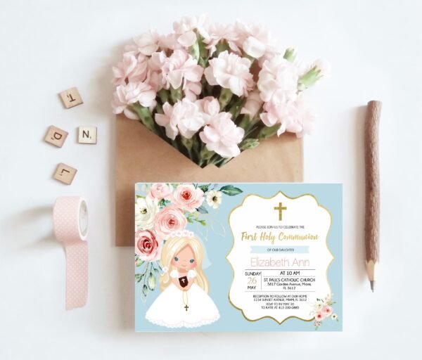First Holy Communion invitation template, Girl Communion Invitation, Printable Invitation, Turquoise, Floral Peach Watercolor, FC01 - Image 2