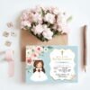 First Holy Communion invitation template, Girl Communion Invitation, Printable Invitation, Turquoise, Floral Peach Watercolor, FC01
