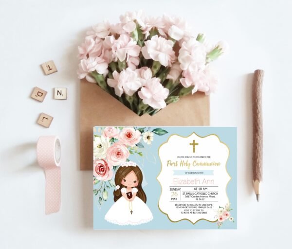 First Holy Communion invitation template, Girl Communion Invitation, Printable Invitation, Turquoise, Floral Peach Watercolor, FC01