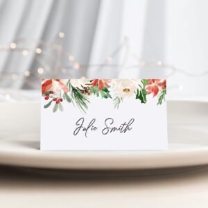 Printable Christmas Place Cards Template, Holiday Seating Card, Escort Card Printable, Christmas Eve Flower, Editable Template, CHR06