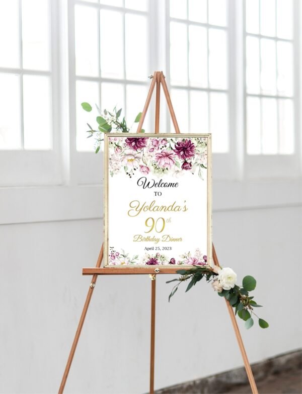 90th Birthday welcome sign for woman, Adult birthday decoration, Wedding sign, Pink and Burgundy Foral, Peonies, Printable sign