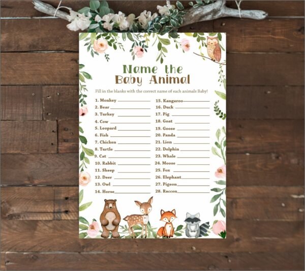 Woodland Name the baby animal game, Girl Woodland Baby Shower Games, Printable Baby Shower Games, Forest Baby Shower, Instant download