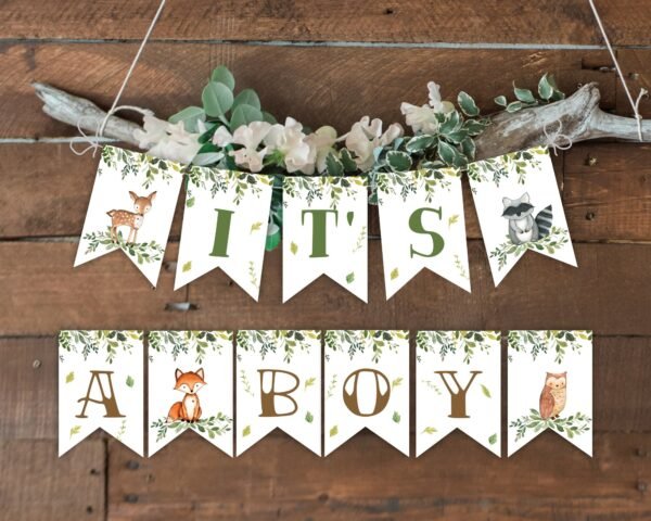 Woodland High Chair Banner Birthday One, First Birthday Woodland Animals, One Birthday Boy, Decoration, Printable banner, Instant download - Image 2