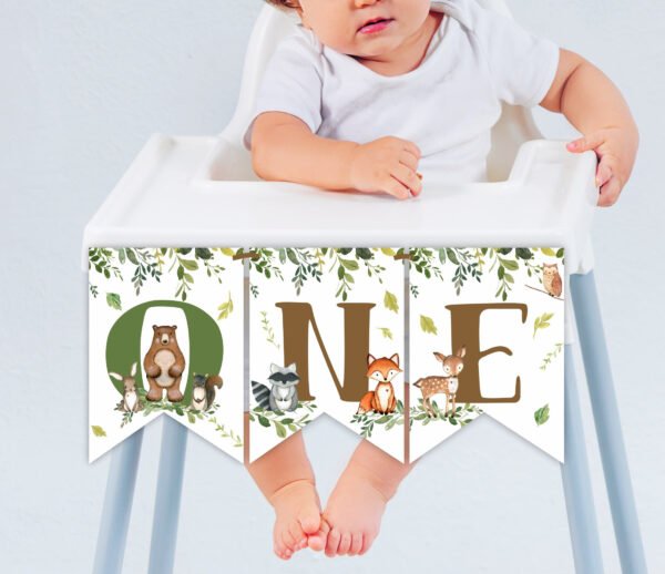Woodland High Chair Banner Birthday One, First Birthday Woodland Animals, One Birthday Boy, Decoration, Printable banner, Instant download