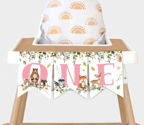 Girl Woodland Banner High Chair Birthday One, First Birthday Woodland Animals, One Birthday Girl, Decoration, Printable, Instant download