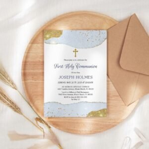 Boy First Communion Invitation Template Printable Invitation Watercolor Sky Blue and Gold Minimalist Invite FC11