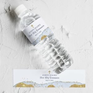 Water Bottle Label Boy First Communion, Printable Water bottle label, Sky Blue and gold Watercolor, Baptism label, Editable, FC11