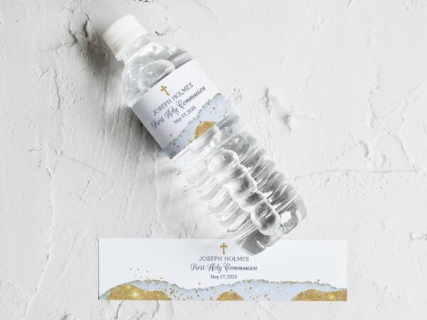 Water Bottle Label Boy First Communion, Printable Water bottle label, Sky Blue and gold Watercolor, Baptism label, Editable, FC11