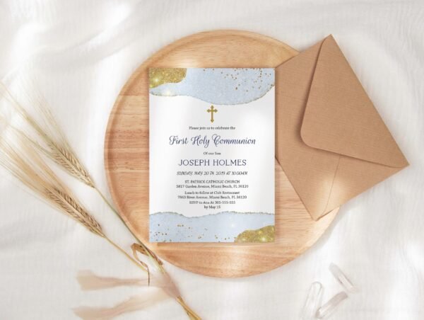 Water Bottle Label Boy First Communion, Printable Water bottle label, Sky Blue and gold Watercolor, Baptism label, Editable, FC11 - Image 2