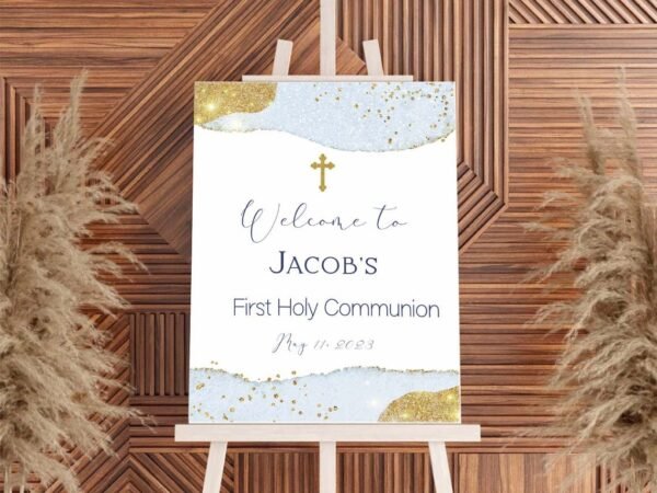 First Communion Chocolate Bar Wrapper Template, Printable Communion Candy Bar Wrapper, Editable Sky Blue and Gold Watercolor, FC11 - Image 8