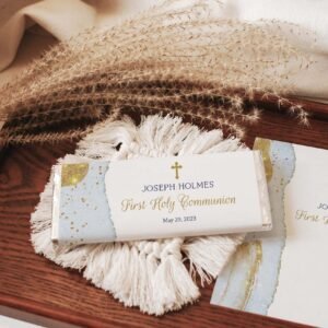 First Communion Chocolate Bar Wrapper Template, Printable Communion Candy Bar Wrapper, Editable Sky Blue and Gold Watercolor, FC11