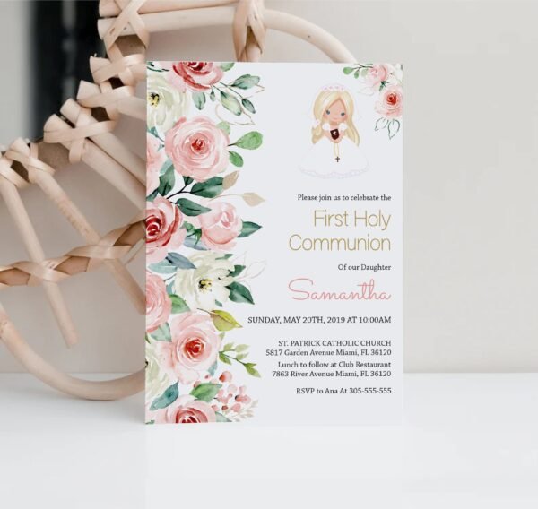 Girl First Holy Communion Invitation Editable Template, Invitation card, Printable, Floral Rose Watercolor, Floral Garland Pink, FC13 - Image 2