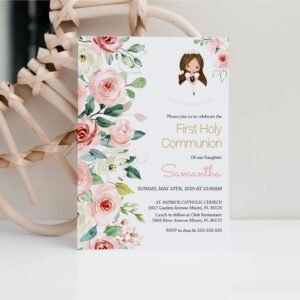 Girl First Holy Communion Invitation Editable Template, Invitation card, Printable, Floral Rose Watercolor, Floral Garland Pink, FC13