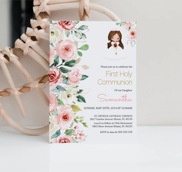 Girl First Holy Communion Invitation Editable Template, Invitation card, Printable, Floral Rose Watercolor, Floral Garland Pink, FC13