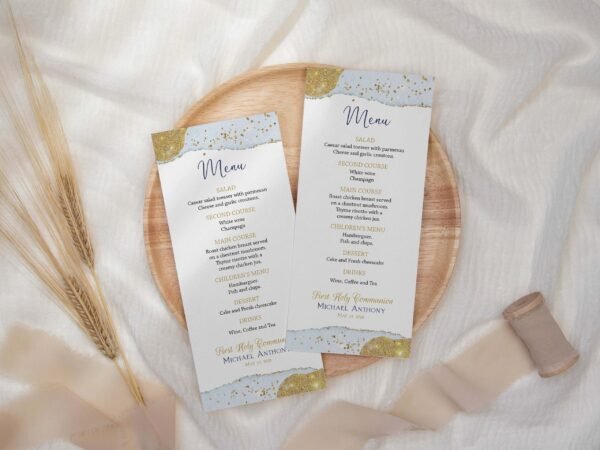 Menu First Holy Communion, Boy First Communion, Editable Template,  Siblings Communion, Printable menu, Sky Blue and Gold watercolor, FC11