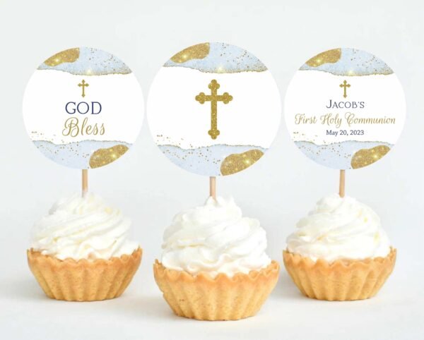 Menu First Holy Communion, Boy First Communion, Editable Template,  Siblings Communion, Printable menu, Sky Blue and Gold watercolor, FC11 - Image 5